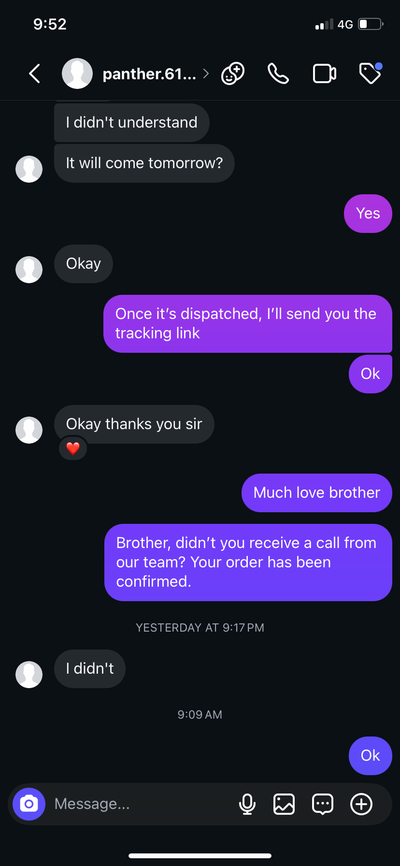 Customer chat screenshot